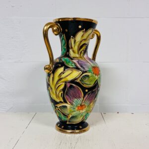 Antik fransk vase i fajance med guld- og blomsterdekoration